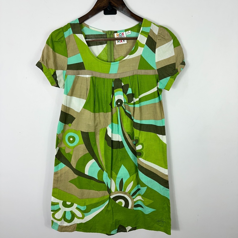 Roxy Girls Dress 5 Green Brown Abstract Floral Print Cotton Boho Y2K Surf Skater
